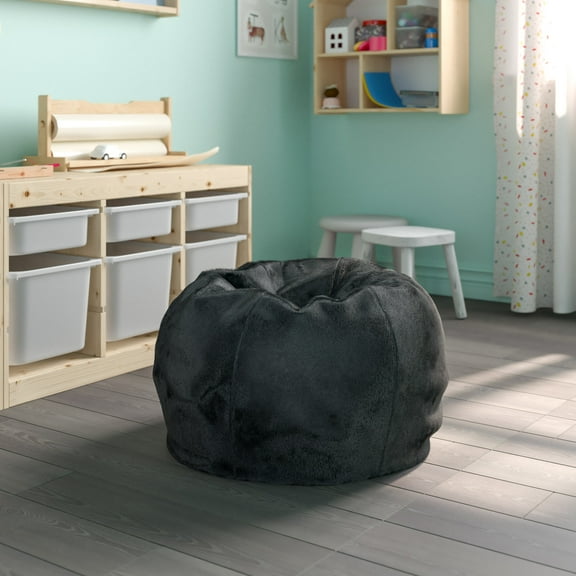 Emma + Oliver Small Black Furry Refillable Bean Bag Chair for Kids and Teens
