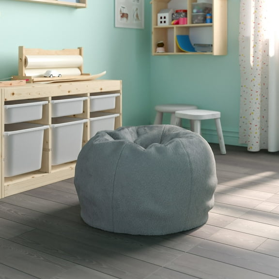 Emma + Oliver Small Gray Furry Refillable Bean Bag Chair for Kids and Teens