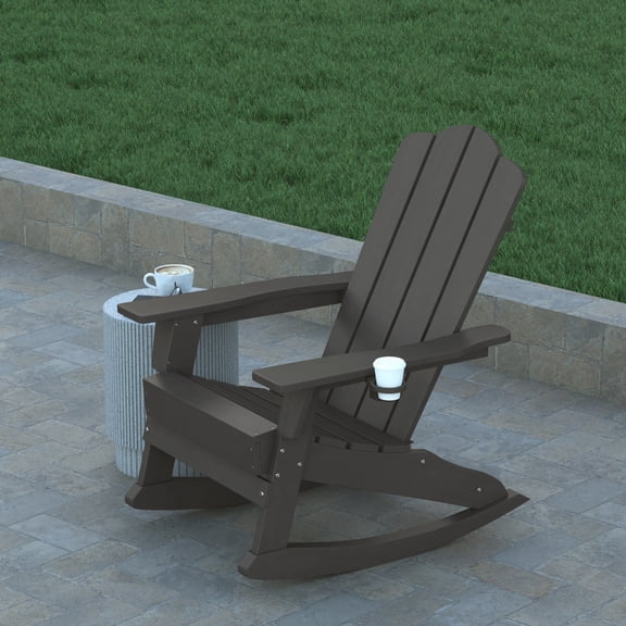 Emma + Oliver Adirondack Rocking Chair with Cup Holder, Weather Resistant HDPE Adirondack Rocking Chair in Gray