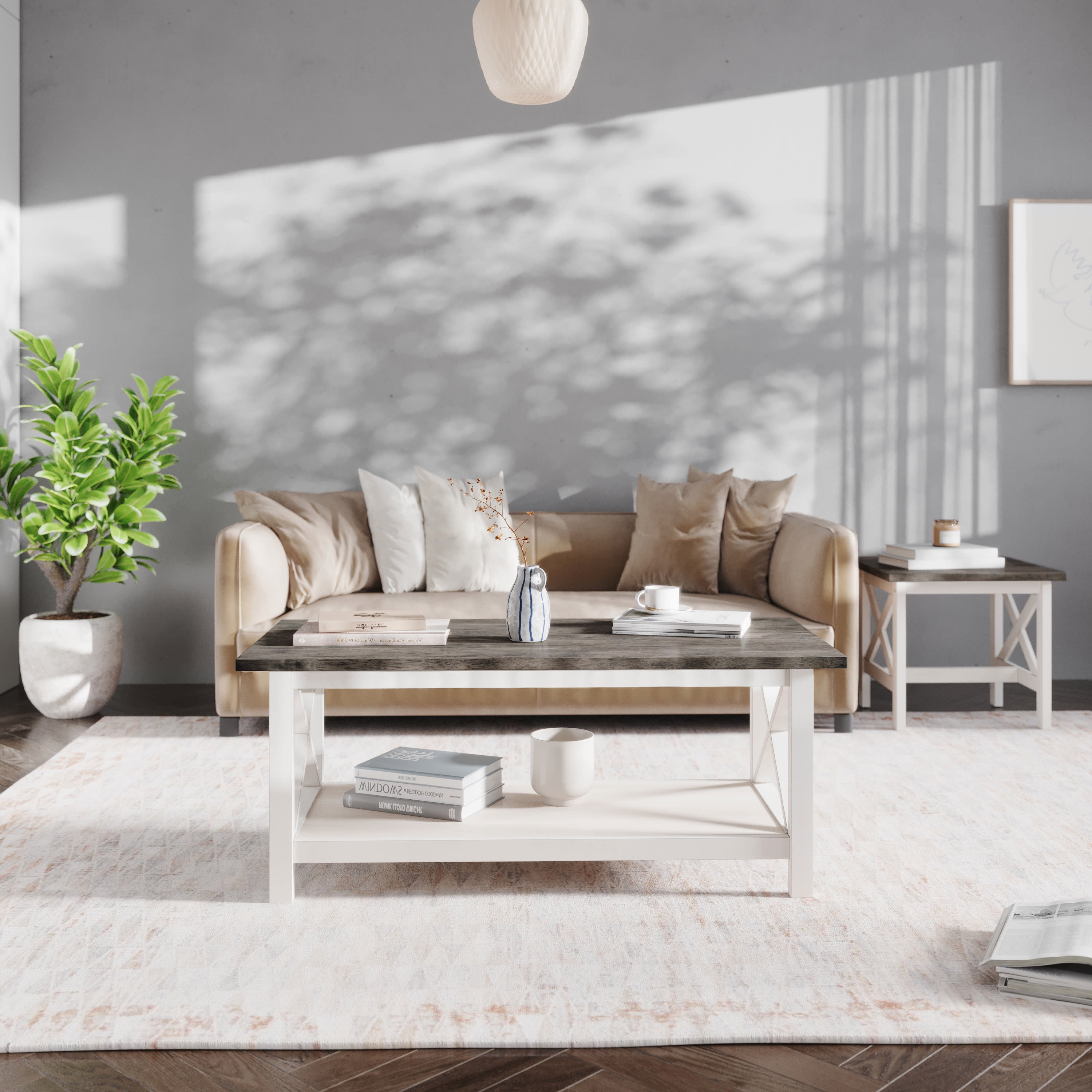 Emma + Oliver Solid Wood Farmhouse Style Coffee Table with Storage Shelf in  Acacia Gray and Rustic White, image size:3000x3000