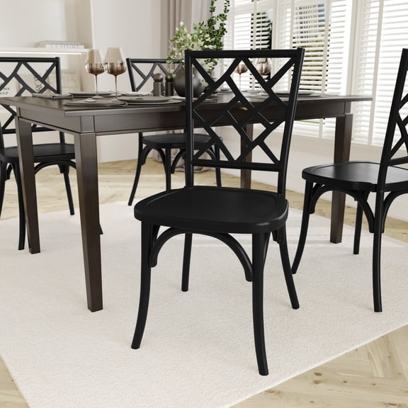 Emma + Oliver Solid Wood Stack Dining Chair with Decorative Back Design and Black Finish