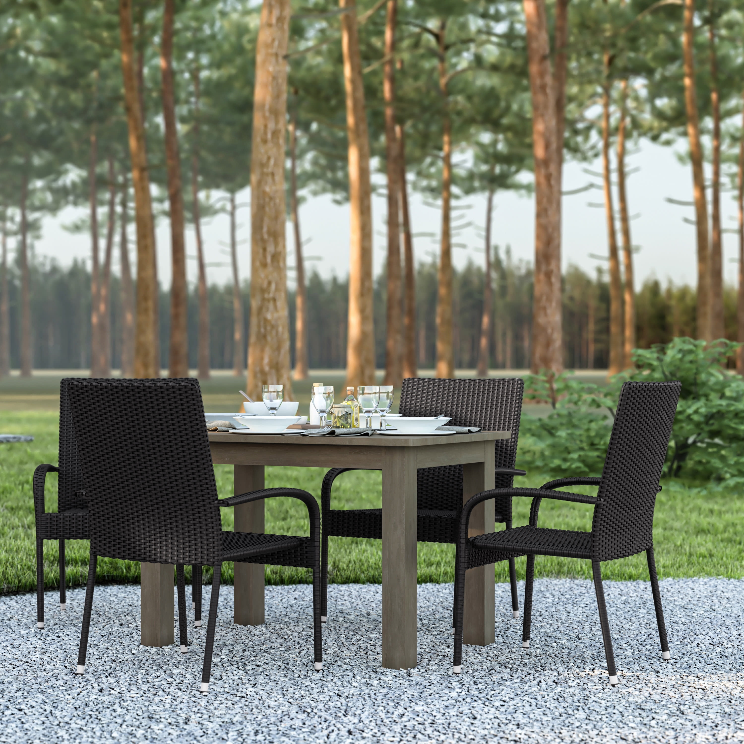 Emma + Oliver Stacking All-Weather Black Wicker Wrapped Powder Coated Steel Patio Club Chair for Indoor and Outdoor Use - Set of 4