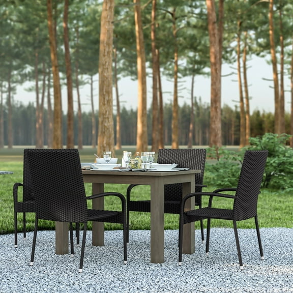 Emma + Oliver Stacking All-Weather Black Wicker Wrapped Powder Coated Steel Patio Club Chair for Indoor and Outdoor Use - Set of 4