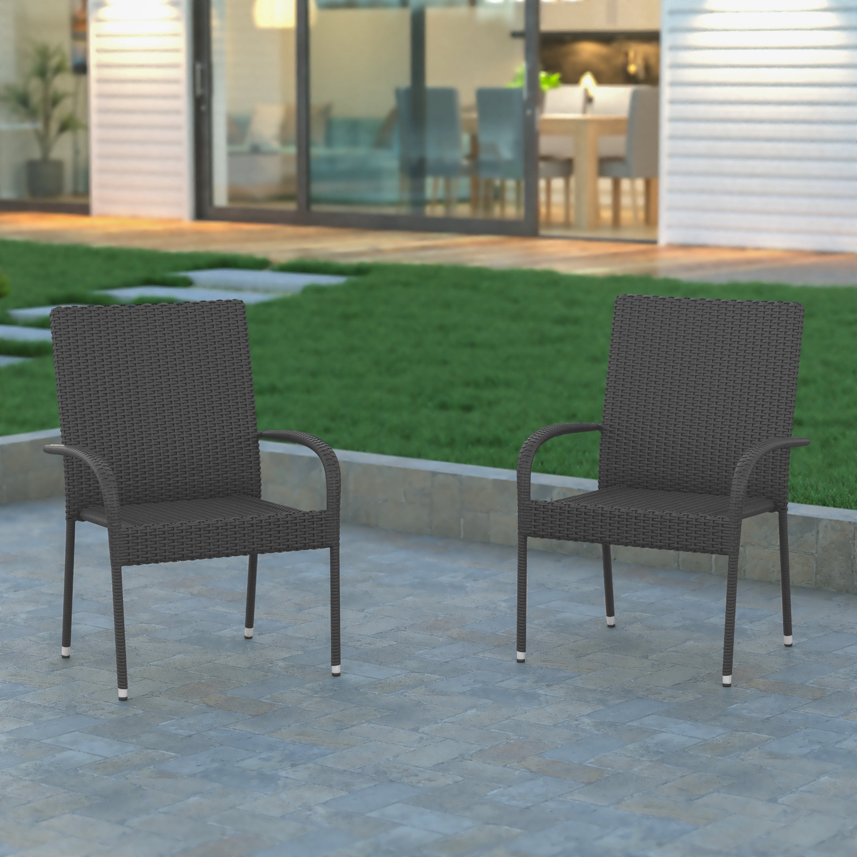 Emma + Oliver Stacking All-Weather Gray Wicker Wrapped Powder Coated Steel Patio Club Chair for Indoor and Outdoor Use - Set of 2