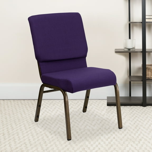 Emma + Oliver Stacking Auditorium Chair with 19" Seat - Royal Purple Fabric/Gold Vein Frame