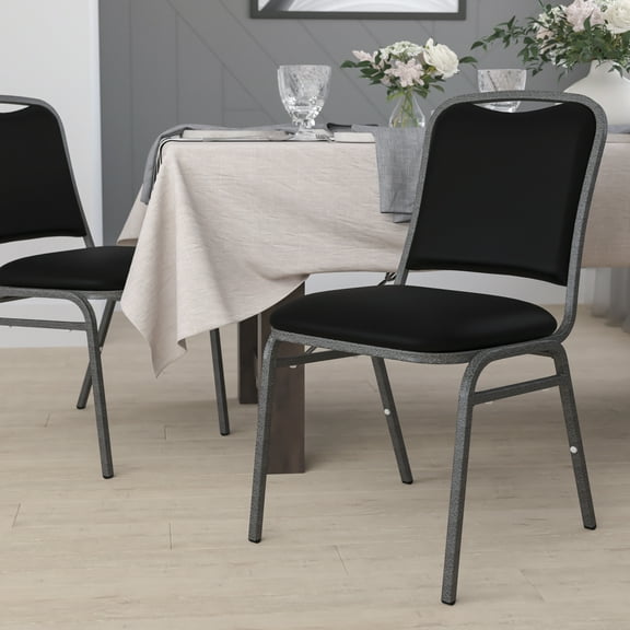 Emma + Oliver Stacking Banquet Chair in Black Vinyl - Silver Vein Frame