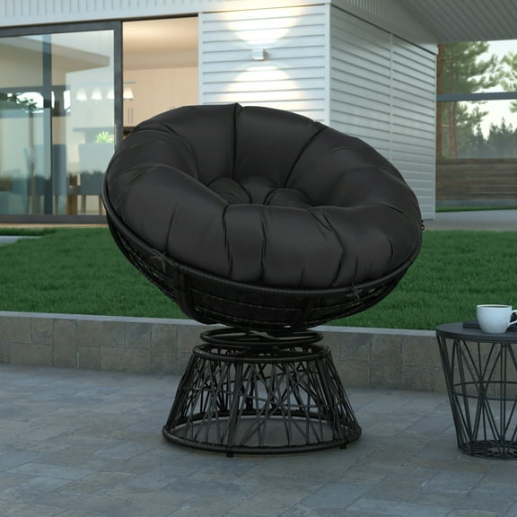 Emma + Oliver Swivel Papasan Patio Chair - Black Wicker Wrap - Powder Coated Metal Frame - Black Plush Cushion - For Indoor/Outdoor Use