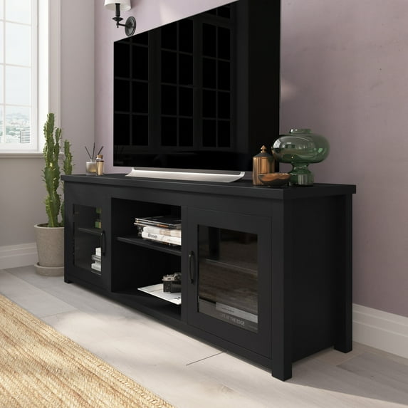 Emma + Oliver TV Stand for up to 80" TV's in Black Finish - 65" Media Console with Classic Full Glass Doors & 3 Adjustable Shelves