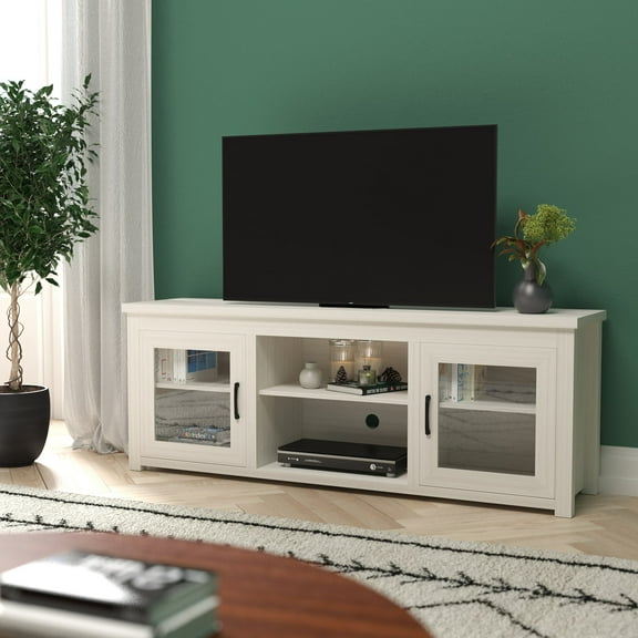Emma + Oliver TV Stand for up to 80" TV's in White Wash Finish - 65" Media Console with Classic Full Glass Doors & 3 Adjustable Shelves