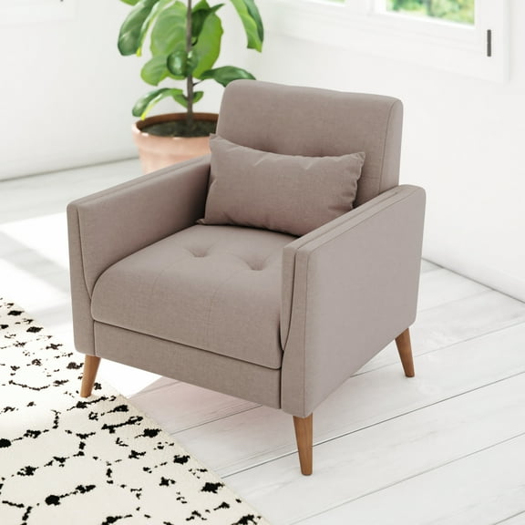 Emma + Oliver Taupe Fabric Upholstered Mid-Century Modern Arm Chair with Tufted Seat and Back, Pocket Spring Support and Wooden Legs