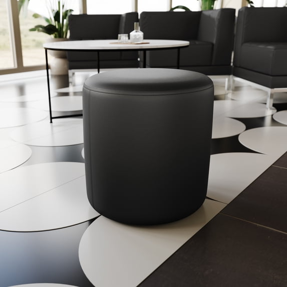 Emma + Oliver Taut Upholstered Round Ottoman Pouf in Black LeatherSoft