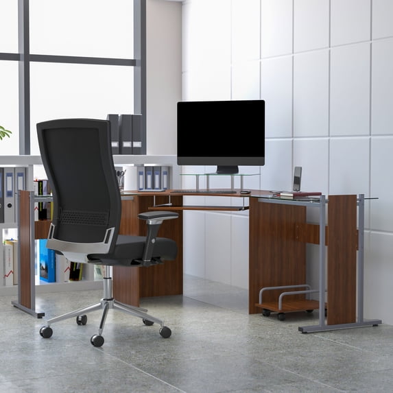 Emma + Oliver Teakwood Laminate Corner Desk with Keyboard Tray and CPU Cart