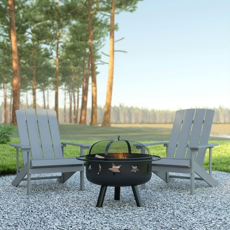 Emma Oliver Three Piece Camping Set with Two Gray Faux Wood Adirondack Chairs and 29