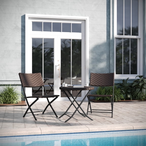Emma + Oliver Three Piece Folding Bistro Set in Brown PE Rattan with Black Metal Frames for Indoor and Outdoor Use