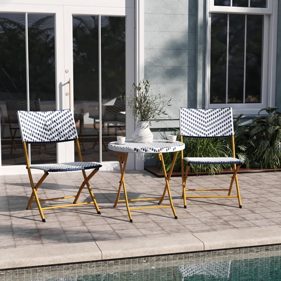 Emma + Oliver Three Piece Folding Bistro Set in Navy and White PE Rattan with Natural Metal Frames for Indoor and Outdoor Use