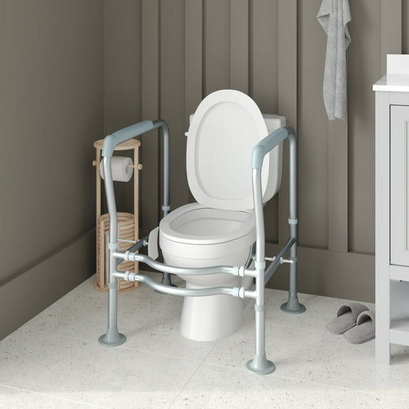 Emma + Oliver Toilet Safety Rail for the Elderly with Height Adjustable Silver Steel Frame, Gray Padded Handles and Suction Cup Feet