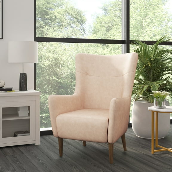 Emma + Oliver Traditional Wingback Accent Chair, Faux Leather Upholstery and Wooden Frame and Legs, Light Brown