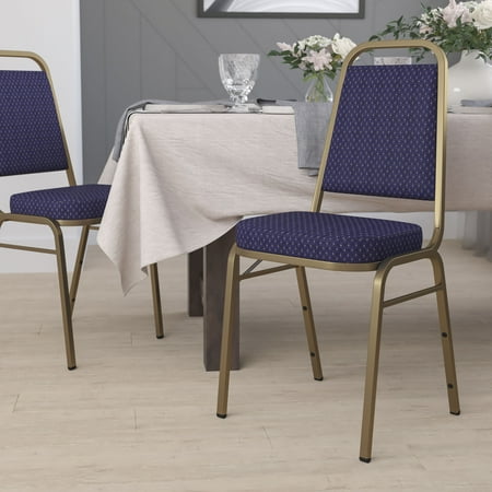 Emma + Oliver Trapezoid Back Banquet Chair, Navy Patterned Fabric/Gold Frame