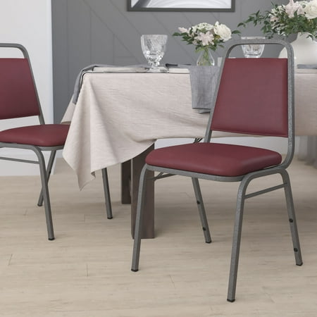 Emma + Oliver Trapezoidal Back Stacking Chair, Burgundy Vinyl/Silver Vein Frame