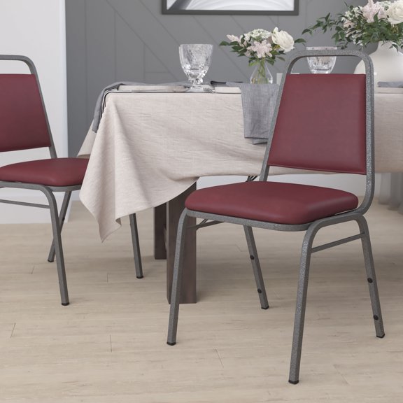 Emma + Oliver Trapezoidal Back Stacking Chair, Burgundy Vinyl/Silver Vein Frame