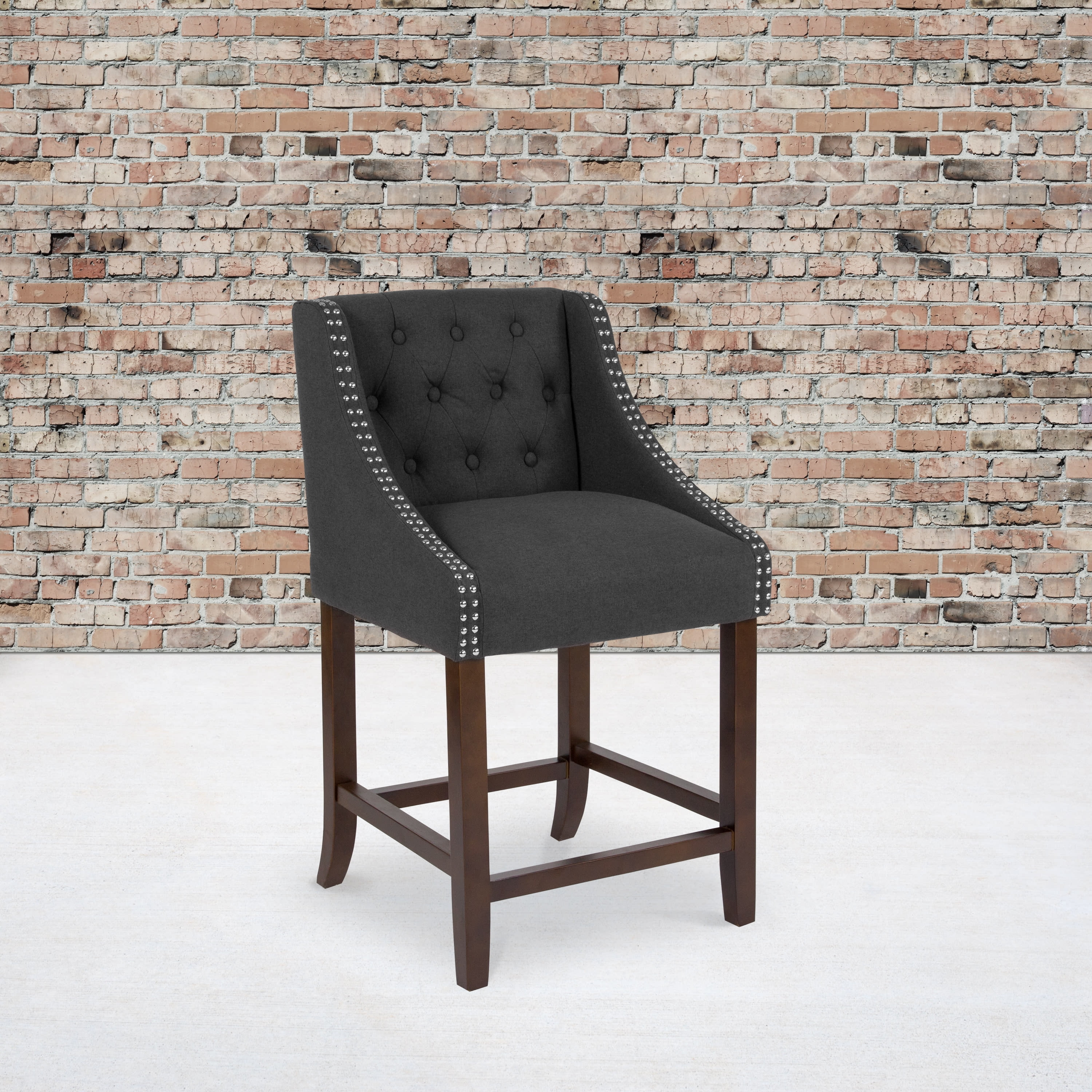 Charcoal Tufted Leather Counter Height Stool with Walnut Wood Frame