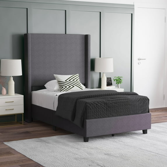 Emma + Oliver Twin Size Faux Linen Upholstered Platform Bed in Gray with Plush Padded Wingback Headboard and Wood Support Slats - No Box Spring Needed