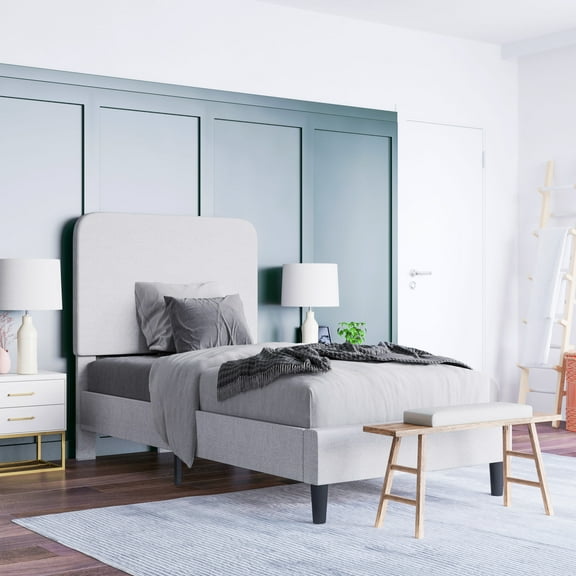 Emma + Oliver Twin Sized Fabric Upholstered Platform Bed in Light Grey with Curved, Slim Panel Headboard and Wooden Support Slats