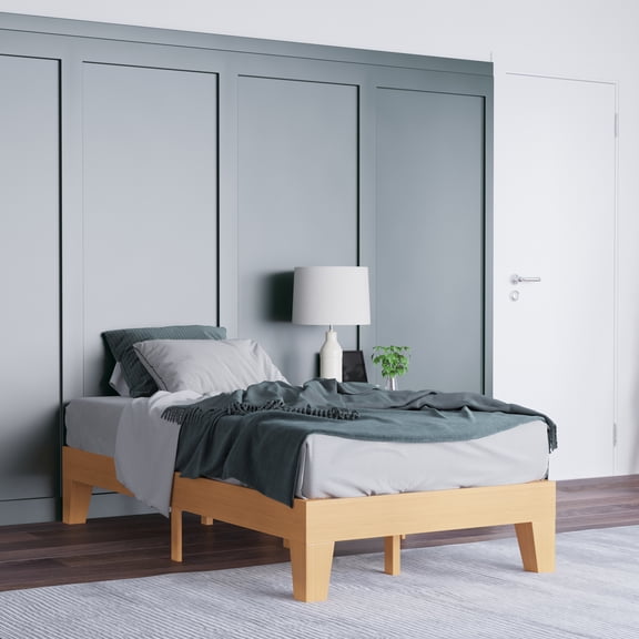Emma + Oliver Twin Sized Wooden Platform Bed with Natural Pine Finish and Wooden Support Slats; No Box Spring or Foundation Required