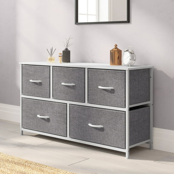 Emma + Oliver Vertical 5-Drawer Storage Dresser, Gray/White, Polypropylene, Cast Iron, MDF, 21 lb
