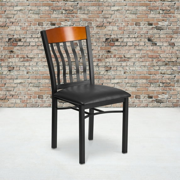 Emma + Oliver Vertical Back Black Metal/Cherry Wood Dining Chair