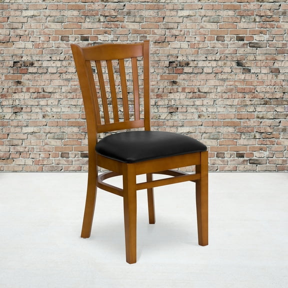 Emma + Oliver Vertical Slat Back Cherry Wood Chair, Black Vinyl Seat