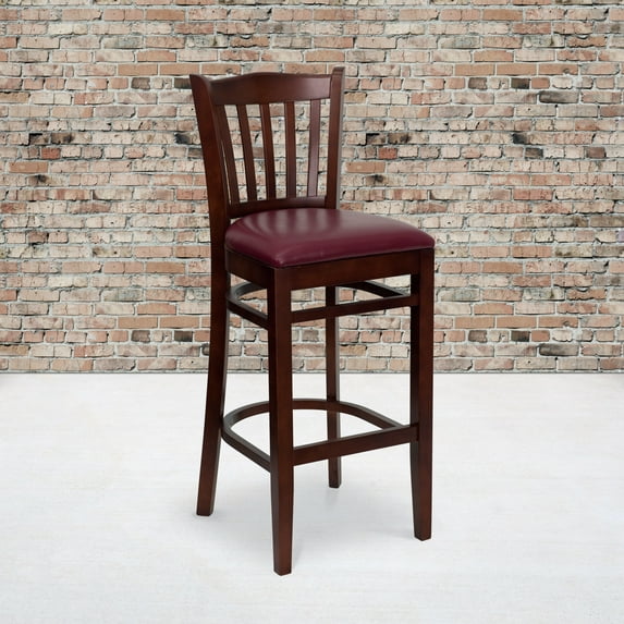 Emma + Oliver Vertical Slat Back Mahogany Wood Barstool, Burgundy Vinyl Seat