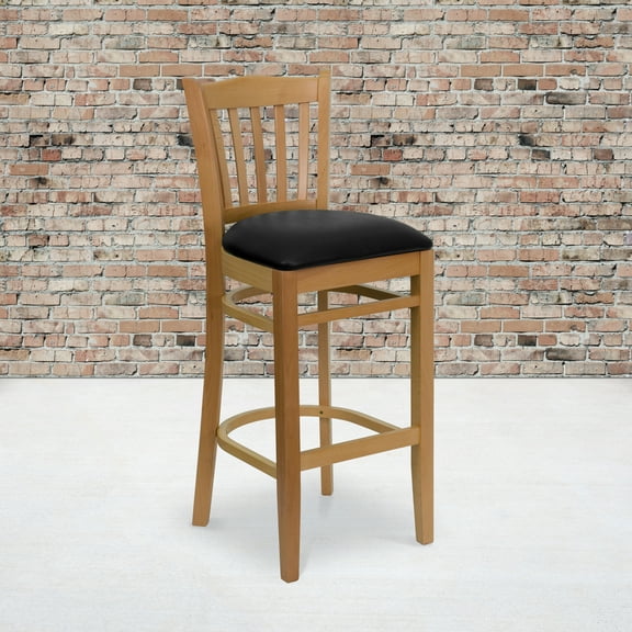 Emma + Oliver Vertical Slat Back Natural Wood Barstool, Black Vinyl Seat