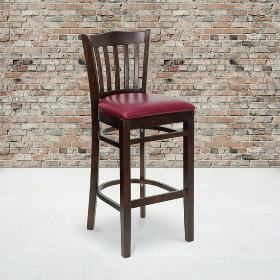 Emma + Oliver Vertical Slat Back Walnut Wood Barstool, Burgundy Vinyl Seat