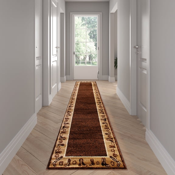 Emma + Oliver Western 2'x11' Brown Olefin Accent Rug with Cowboy Boot & Horseshoe Border and Natural Jute Backing