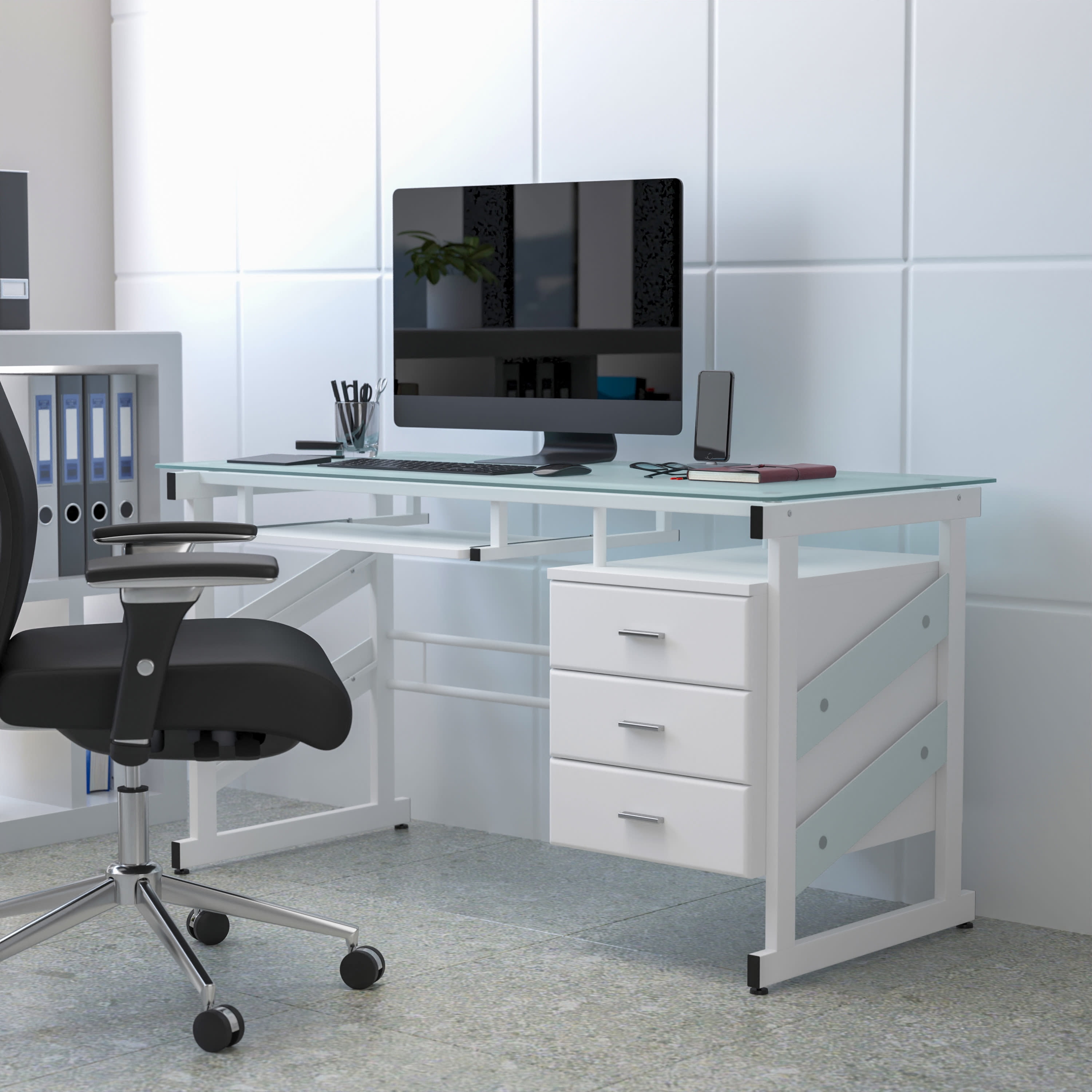 Emma Oliver White Computer Desk with Frosted Glass Top and 3 Drawer Pedestal