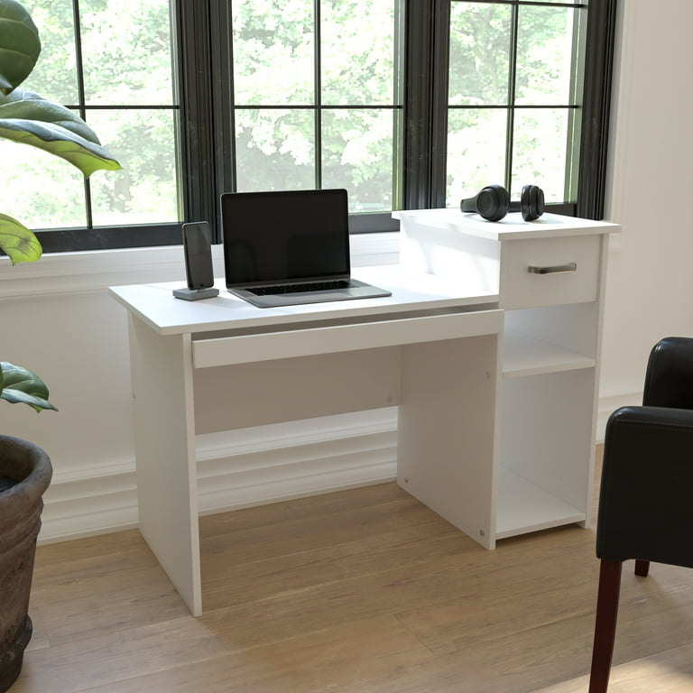 Emma Oliver White Computer Desk with Shelves and Drawer