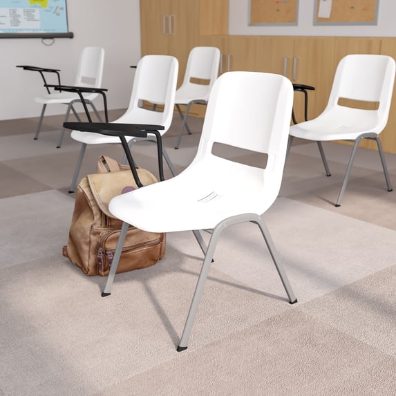 Emma + Oliver White Ergonomic Shell Chair with Right Handed Flip-Up Tablet - Tablet Arm Desk