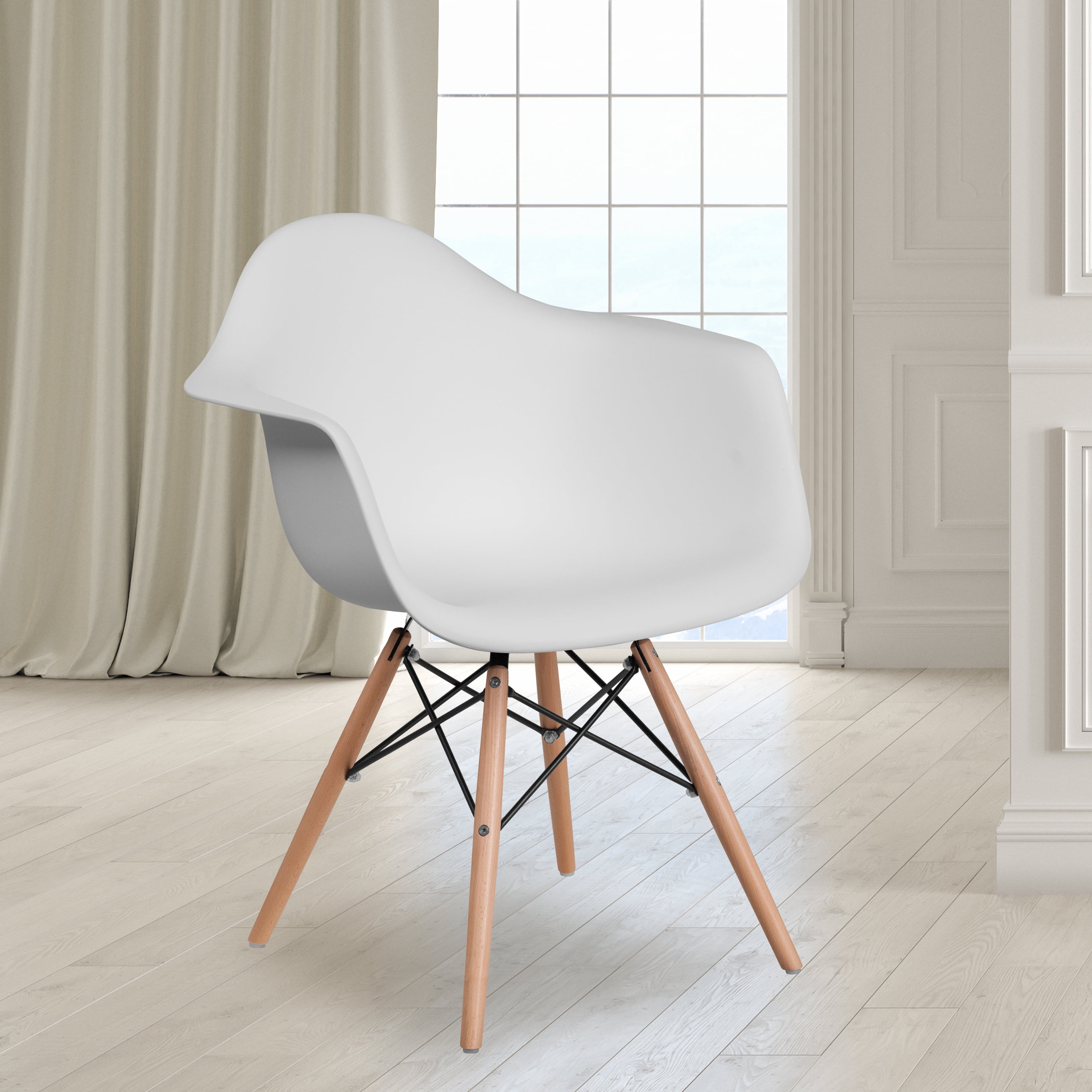 Emma Oliver White Plastic Chair with Arms and Wooden Legs Walmart