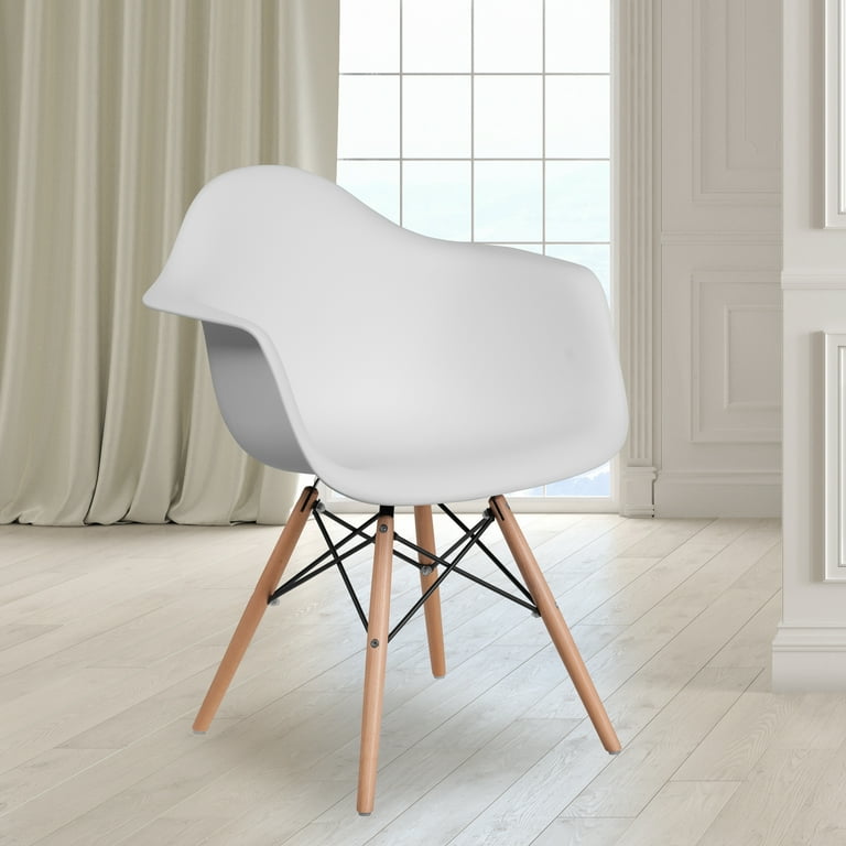 Emma + Oliver White Plastic Chair with Arms and Wooden Legs
