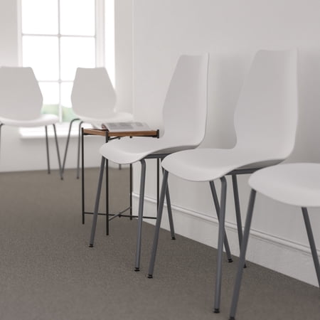 Emma + Oliver White Stack Chair with Lumbar Support and Silver Frame