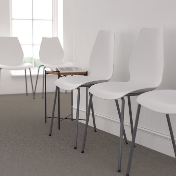 Emma + Oliver White Stack Chair with Lumbar Support and Silver Frame