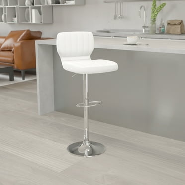 Emma + Oliver White Vinyl Adjustable Height Vertical Stitch Back Barstool