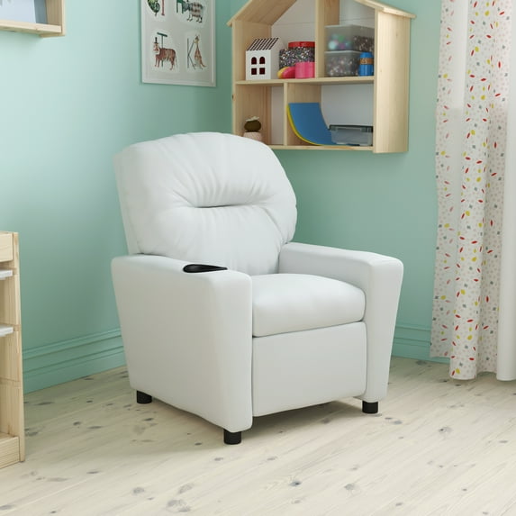 Emma + Oliver White Vinyl Kids Recliner with Cup Holder
