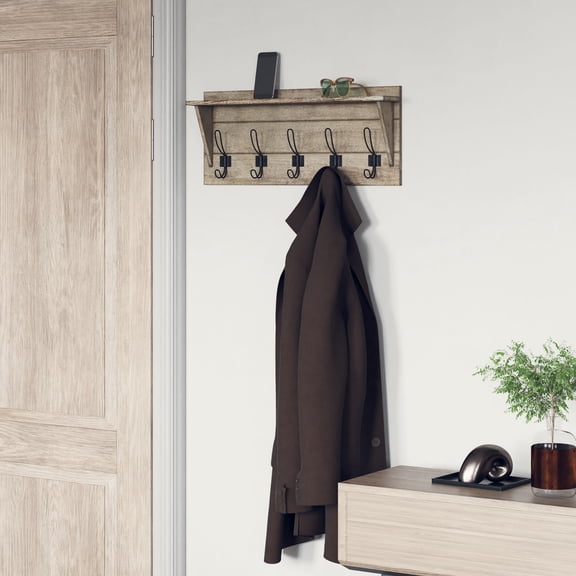 Emma + Oliver Whitewash Rustic Wall Hanging Storage Rack with 5 Hooks for Entryway, Kitchen, Bathroom and More