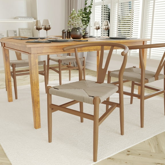 Emma + Oliver Wishbone Style Wooden Dining Chair with Kraft Paper Rope Seat, Stackable Design, and Oak/Natural Finish