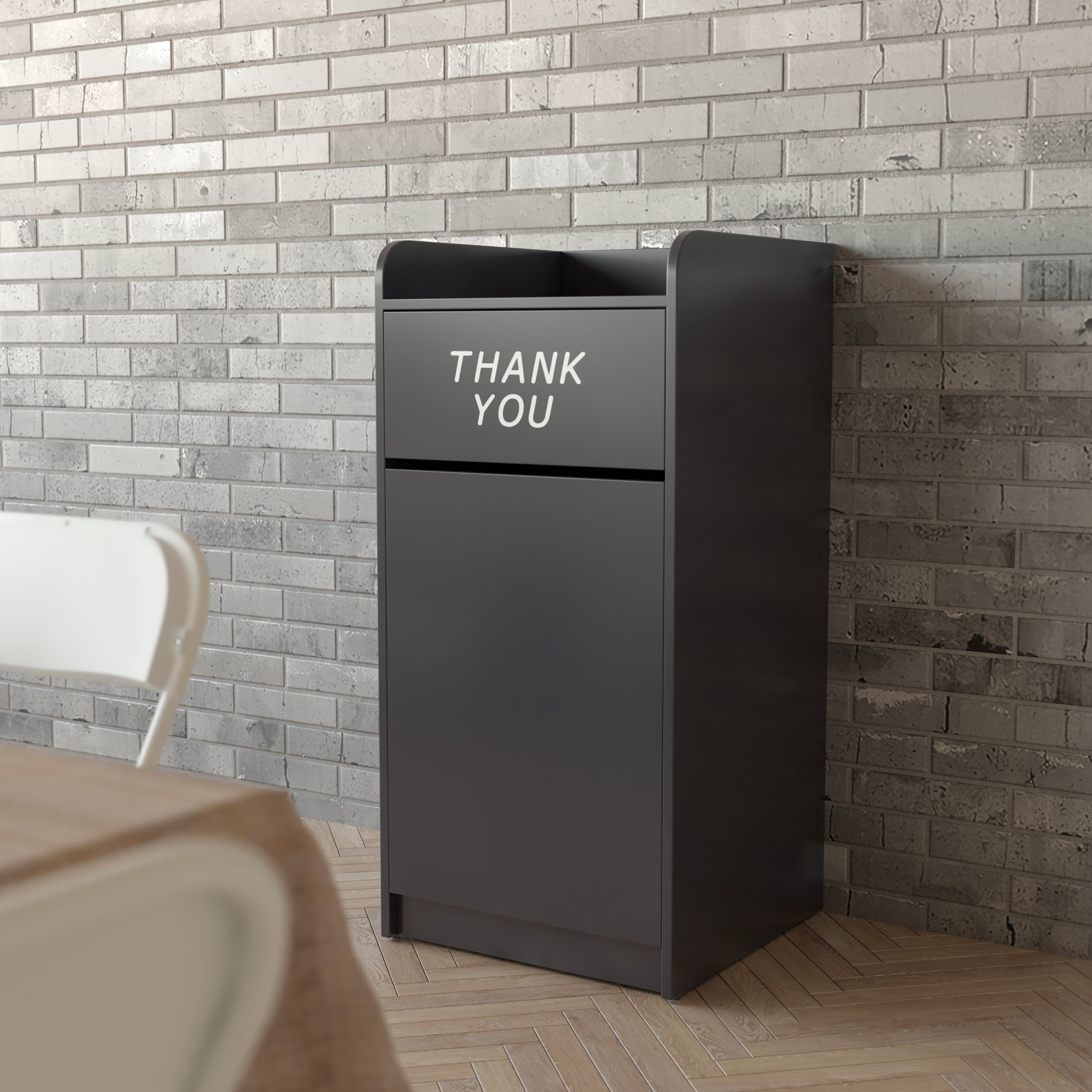 EMMA + OLIVER Black Wood Tray Top Trash Bin, Swing Door with Thank