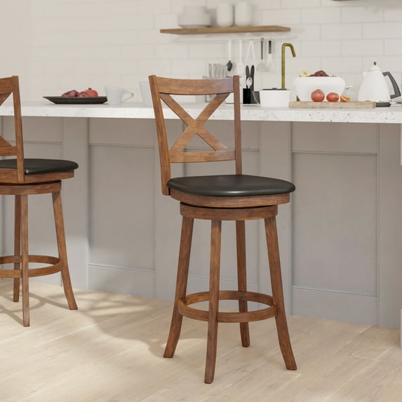 Emma + Oliver Wooden Crossback Bar Height Pub Style Barstool Faux Leather Swivel Seat, Oak/Black