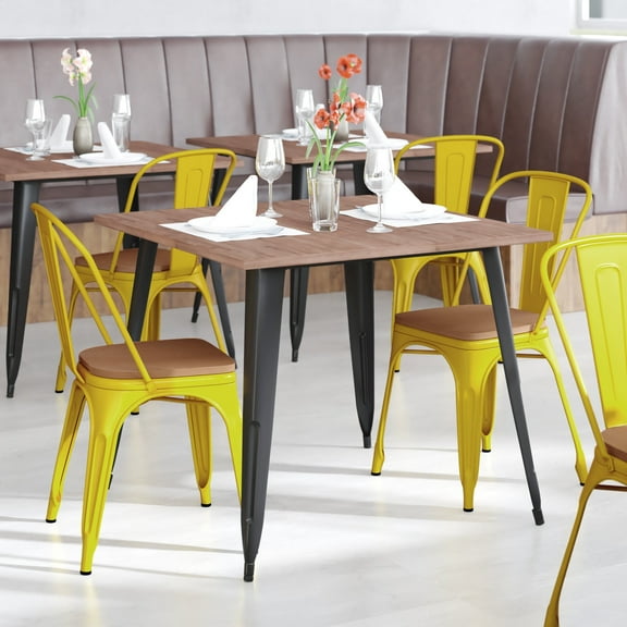 Emma + Oliver Yellow Metal Stacking Dining Chairs with Teak Poly Resin Seats for Indoor/Outdoor Use