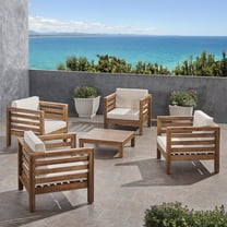 Emma Outdoor 4 Seater Acacia Wood Club Chair and Coffee Table Set, Teak Finish and Beige